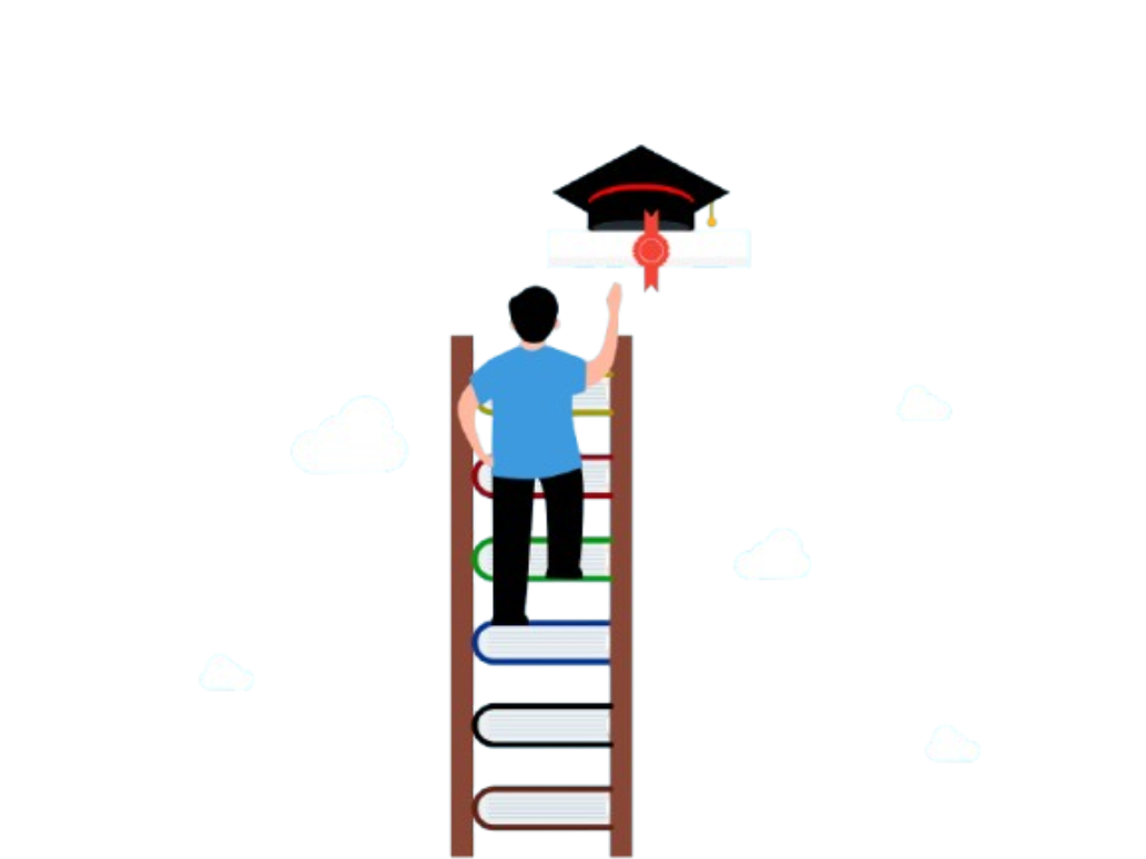 Student climbing ladder to graduation cap